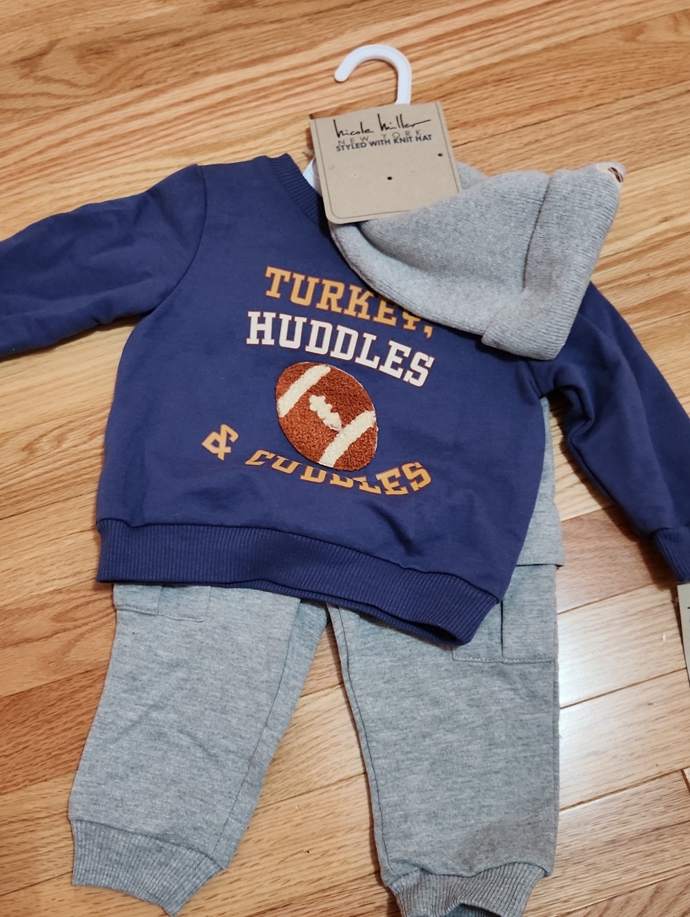 Nicole Miller Navy Football Sweatshirt & Gray Joggers Set with Knit Hat